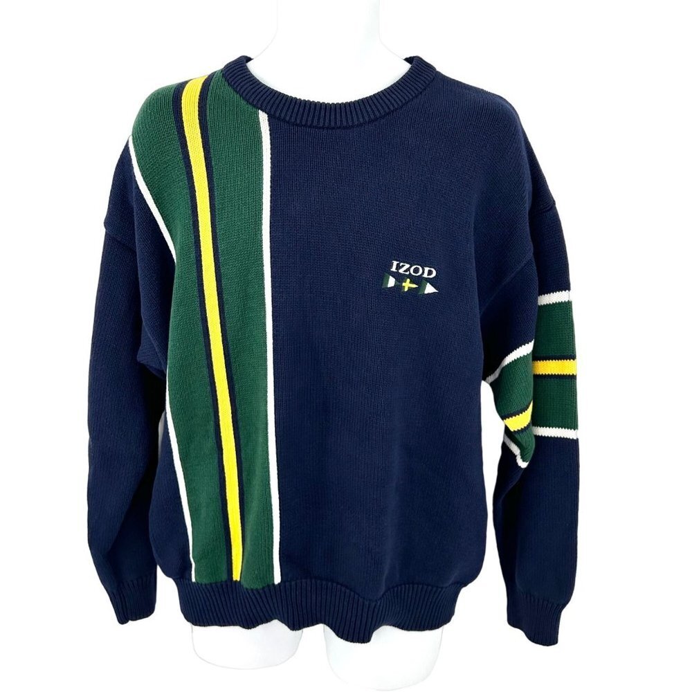 VINTAGE IZOD PREPPY NAVY BLUE GREEN YELLOW WHITE STRIPE SWEATER - L - Picture 1 of 4